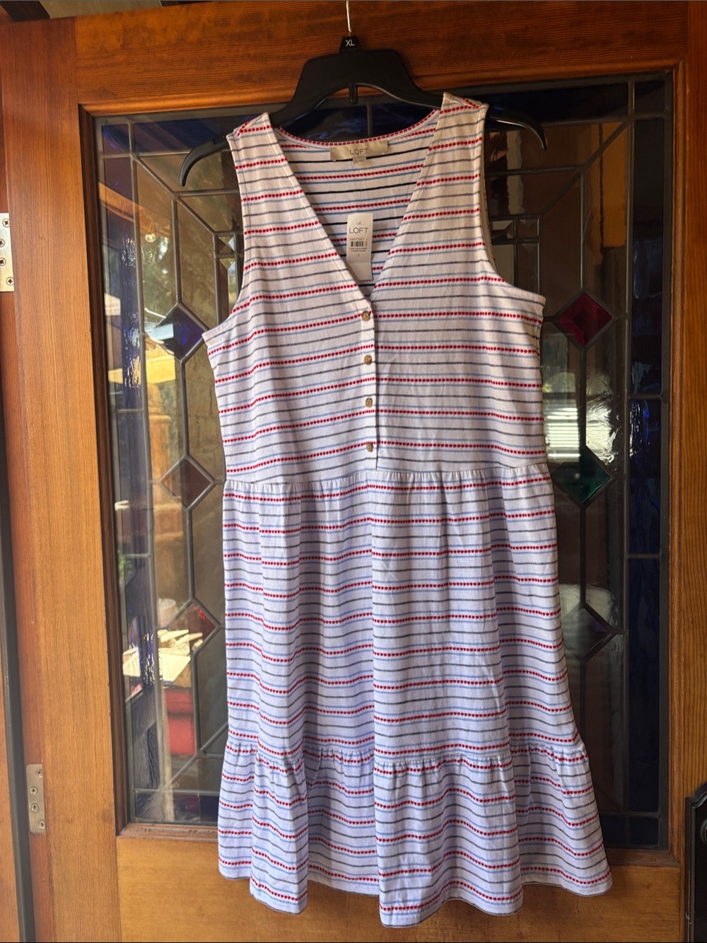 LOFT White Striped Midi Dress with Red and Navy Accents. Perfect for summer.